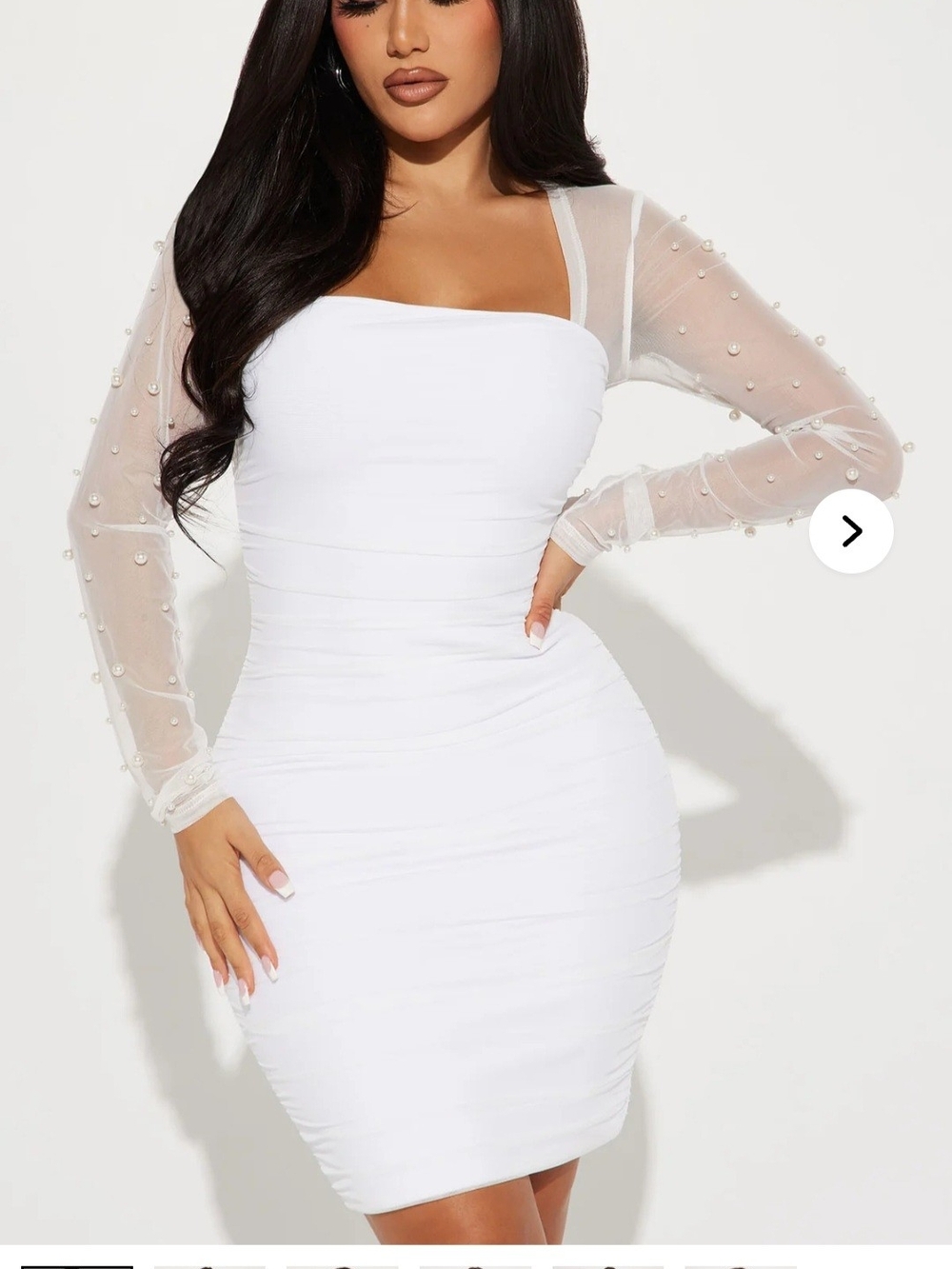 Fashion Nova White Pearl-Embellished Mesh Sleeve Mini Dress